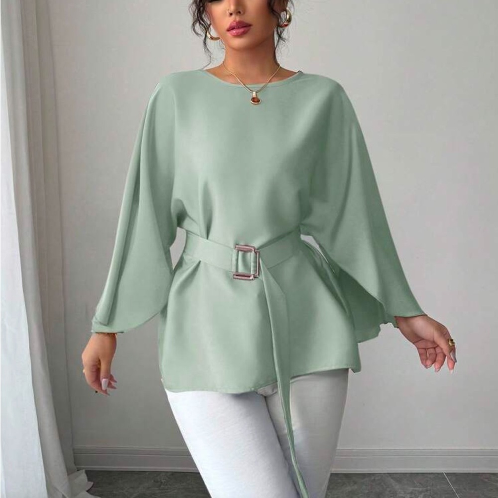 SHEIN Sage Green Belted Blouse
